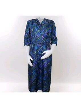 Vtg Career Dress Sz 16 Volump Belted Brutalist Peacock Blue Jeweled Collar 50s